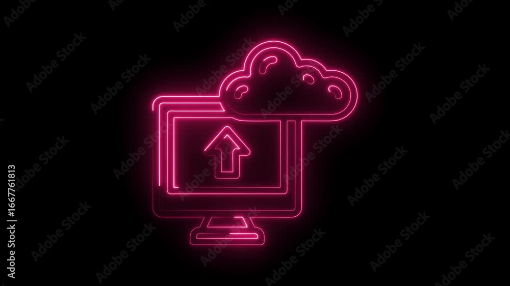 Poster glowing neon pink computer upload cloud icon animation isolated on black background digital data