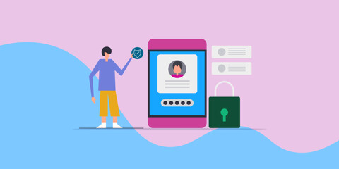 Man holding shield symbol indicates cyber security protocol, mobile displays user login interface password protected with OTP.