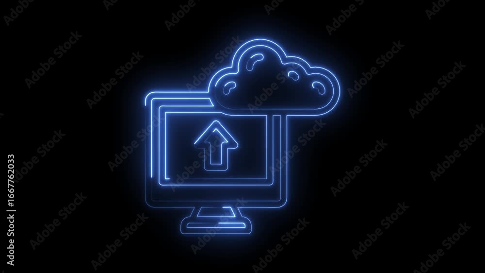 Poster blue neon computer upload cloud icon animation dark background digital data transfer concept video