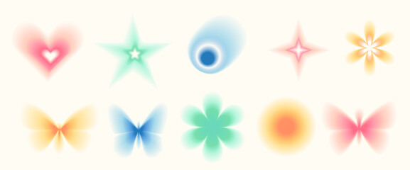 Blur gradient shape set. Y2k retro heart, star and circle with flower. Colorful gradation butterfly, crown icons on beige background. Trendy effect with blurry texture. Vector illustration.
