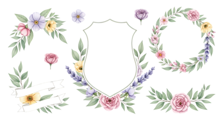Elegant Watercolor Floral Set with Decorative Frames and Wreaths for Wedding Invitations, Greeting Cards, and Botanical Design Projects