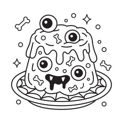Spooky Snacks Coloring Page &ndash; Cute Halloween Monster Dessert with Eyeballs and Bones, Black and White Line Art