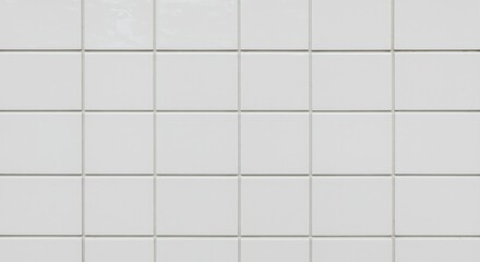 Closeup view of a white tile wall The tiles are square and arranged in a grid pattern with thin lightgray grout lines