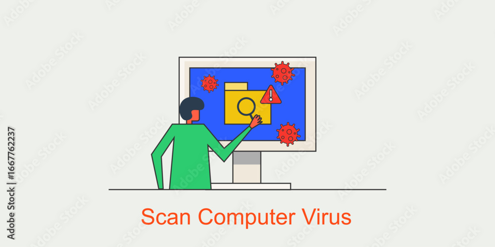Poster man with magnifier inspecting suspicious file, computer virus scan, multiple web virus detected with