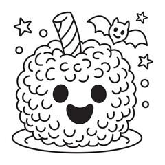 Spooky Snacks Coloring Page &ndash; Cute Halloween Candy Apple with Bat and Stars, Black and White Line Art