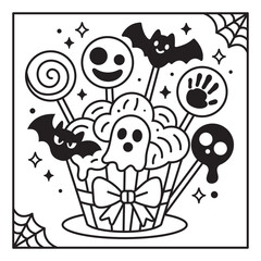 Spooky Snacks Coloring Page &ndash; Cute Halloween Lollipop Bouquet with Ghosts and Bats, Black and White Line Art