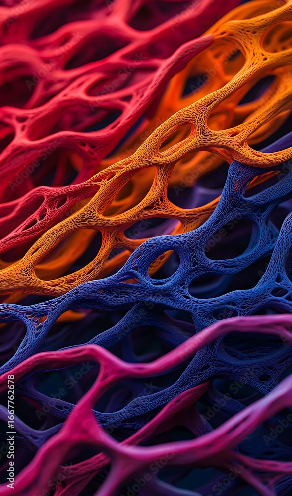 Poster a vibrant, abstract representation of interconnected structures in red, orange, and blue, evoking a 