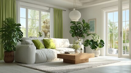 Modern Minimalist Living Room with White and Green Accents for Cozy Home Design