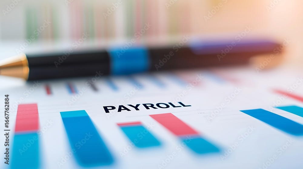 Poster a close-up of a payroll document with colorful graphs, highlighting financial data and analysis.