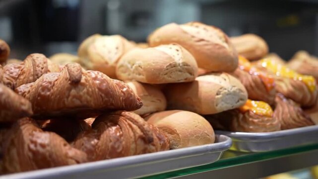 Trays of assorted croissants and pastries ideal for bakery websites, food blogs, menu designs, and social media posts. Delicious bakery creations.