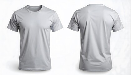 Front and back view of plain classic crew neck short sleeve unisex t-shirt in light gray color isolated on white background