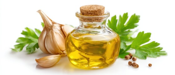 Cold pressed garlic and parsley infused olive oil in glass bottle with garlic cloves and fresh herbs on white background