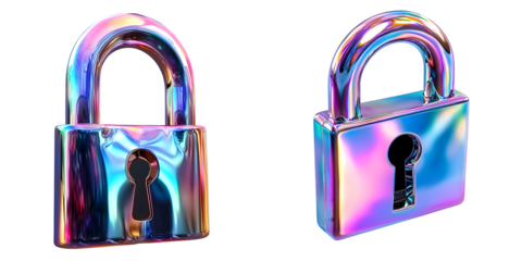 Vibrant 3D lock with an iridescent surface, featuring a sleek design and a keyhole isolated on a transparent background