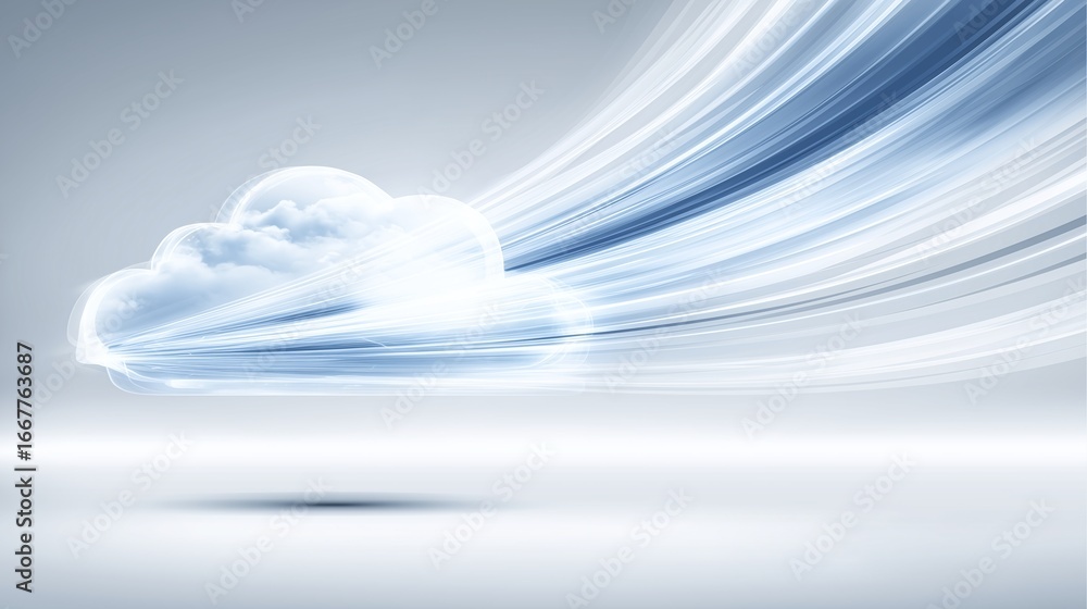 Poster abstract cloud technology with flowing light trails in soft blue and white colors on gradient backgr