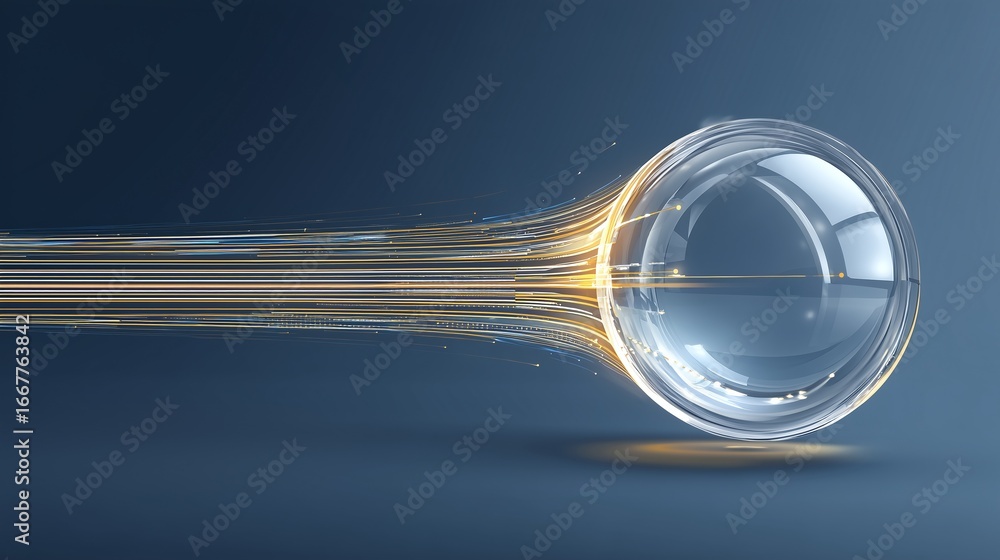 Poster abstract concept of speed and motion with glass sphere creating light trails on blue background