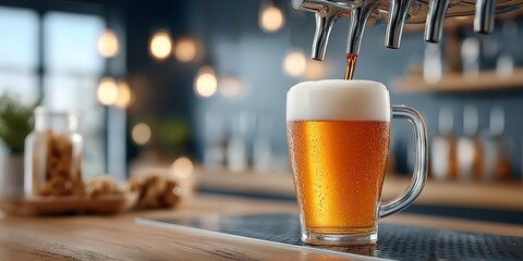 Cold draft beer pouring into glass in cozy bar setting with bokeh lights