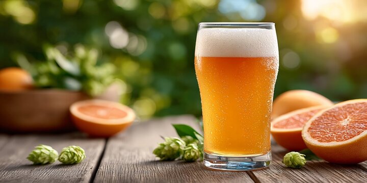 Refreshing glass of beer with citrus and hops on rustic wooden table outdoors - Powered by Adobe