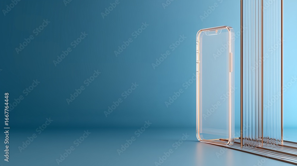 Poster transparent smartphone case on a blue background with lines creating depth and dimension in design