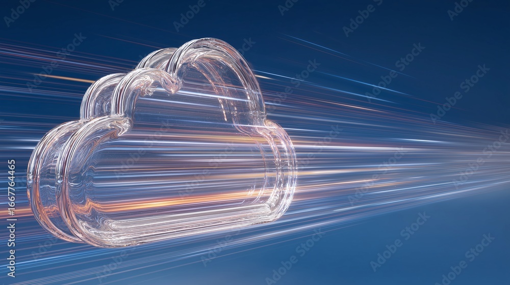 Poster transparent cloud shape with dynamic light trails representing digital technology and connectivity i