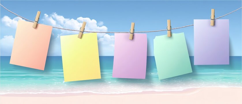 Vibrant pastel-colored paper sheets hanging on a clothesline over tropical beach with blue sky and ocean background