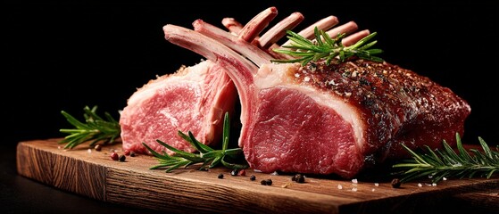 Juicy raw lamb chop with herbs on wooden cutting board isolated on black background