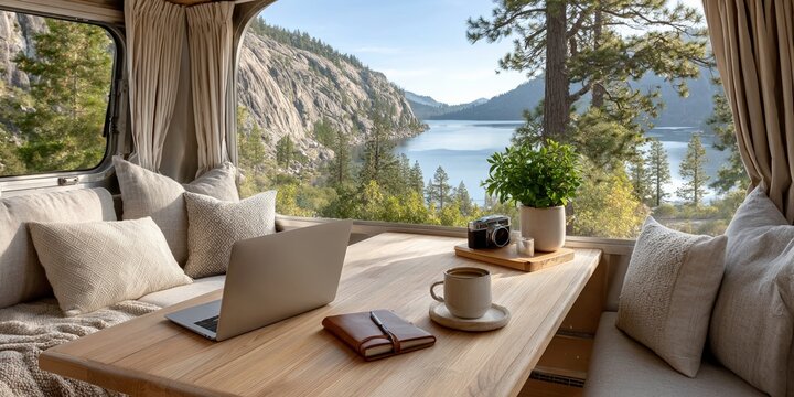 Cozy rv interior overlooking scenic lake and mountain landscape through large window