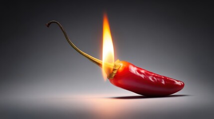 Close-up of a red chili pepper with a burning flame on top creating a dramatic fiery effect on a dark background