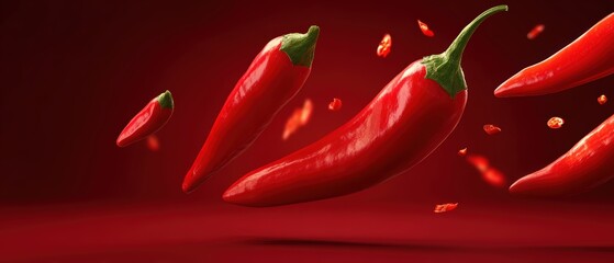 Dynamic arrangement of bright red chili peppers with motion blur and flying fragments in a vivid red background