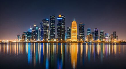 Naklejka premium Doha Skyline Night View, Qatar Cityscape.