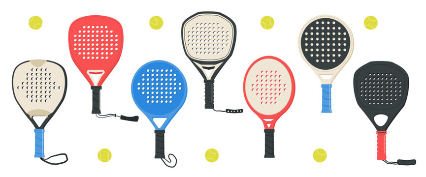 Padel rackets and balls in flat. Various shapes palas equipment set. Diamond, round and teardrop shapes sports accessories collection. Vector illustration on white background.
