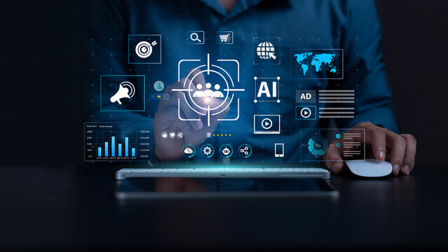 Digital marketing targeting concept. Marketer using a virtual interface for CRM and digital marketing. advertising, and e-commerce data analytics. customer engagement. AI-driven. Business target. AD.