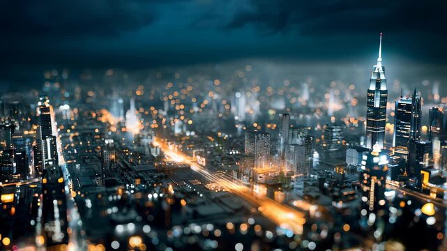 Futuristic timelapse of a digital city where microchips and circuits resemble skyscrapers, blending technology with urban architecture in a glowing cyber landscape.