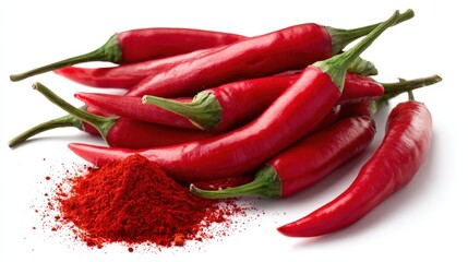Fresh red chili peppers with green stems and ground chili powder on white background