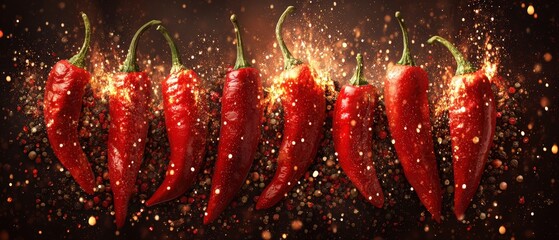 Vibrant red chili peppers arranged in a row with sparkling glitter effects and dark background