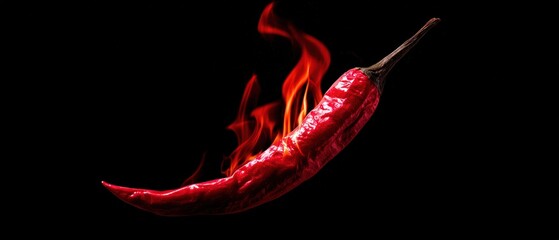 Close-up of a vibrant red chili pepper with fiery flames against a black background for spicy food themes