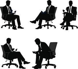 Businessman smartphone silhouettes, office chair poses vector, corporate professional illustration, mobile device usage design, workplace technology concept, seated worker, isolated black graphic