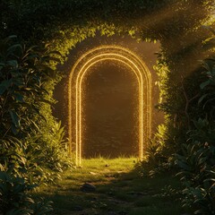 Obraz premium A glowing portal framed by lush greenery in a mystical forest with a path leading through it