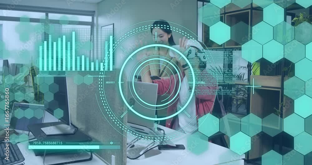 Poster man adjusting vr headset activating ar simulation test while colleague updating tablet settings