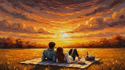 A couple watching the sunset during a picnic in a field with a basket and wine glasses painting
