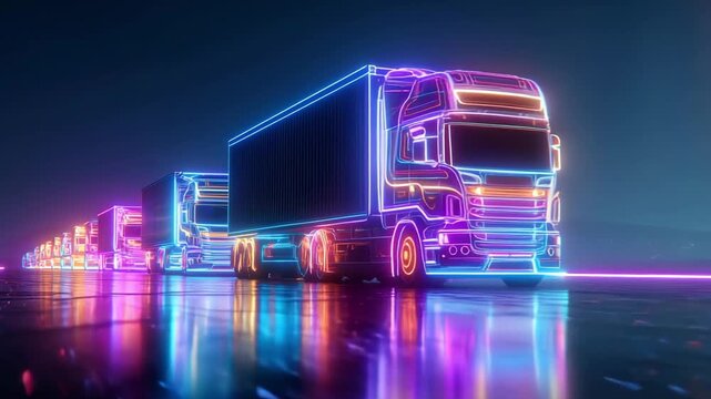 Neon lit delivery trucks move along a shiny highway under a night sky, creating a visually engaging atmosphere filled with colorful lights