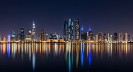 Fototapeta premium Night Skyline, Cityscape Reflection, Modern Architecture, Urban Lights.