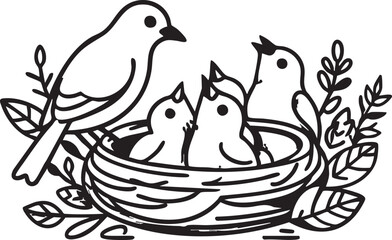 Bird nest vector illustration: mother bird and baby birds clipart, black and white outline eps silhouette