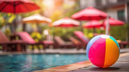 Colorful beach ball resting on poolside edge with outdoor swimming pool and lounge chairs in background