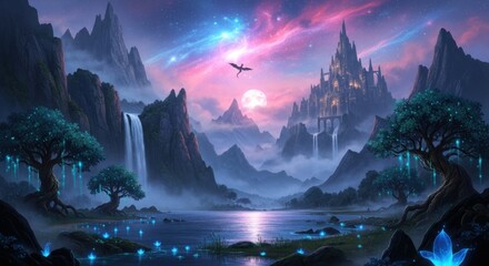 Mystical Fantasy Realm with a Dragon and Castle Under a Celestial Sky.