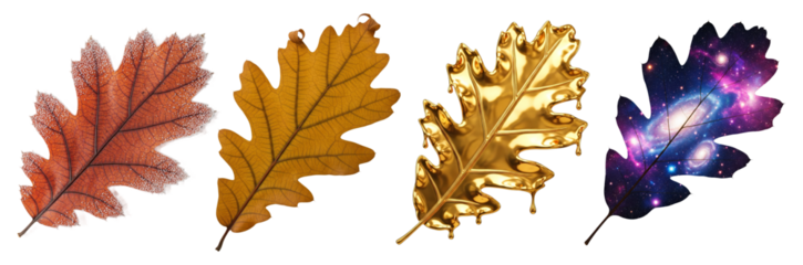 Conceptual art set of four oak leaves with different creative textures, including gold and galaxy.
