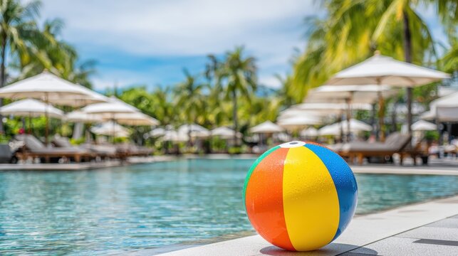 Brightly colored beach ball resting on the edge of a luxurious outdoor swimming pool with palm trees and sun loungers in the background - Powered by Adobe
