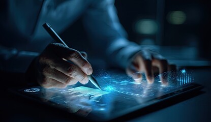 Person analyzes data using a digital tablet; city lights blur in the background
