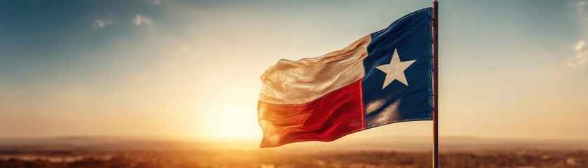 Long Texas flag waving in the wind du sunset with vibrant sky and scenic horizon view
