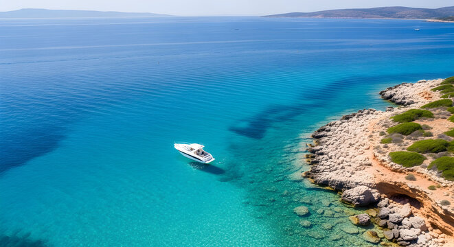 Aerial view of a luxurious yacht sailing on turquoise waters near a rocky coastline enjoying a