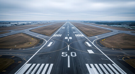Elevated view of an empty airport runway with distinct markings and a cloudy sky